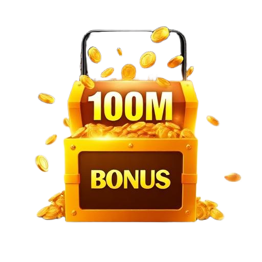 Welcome bonus screen with golden coins and 100 million bonus offer